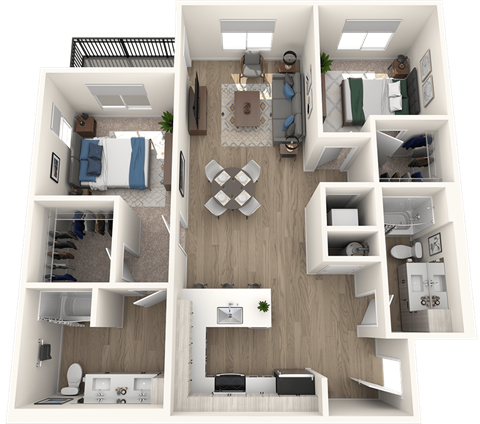 A 3D floor plan of a house with a living room, kitchen, and bedrooms.